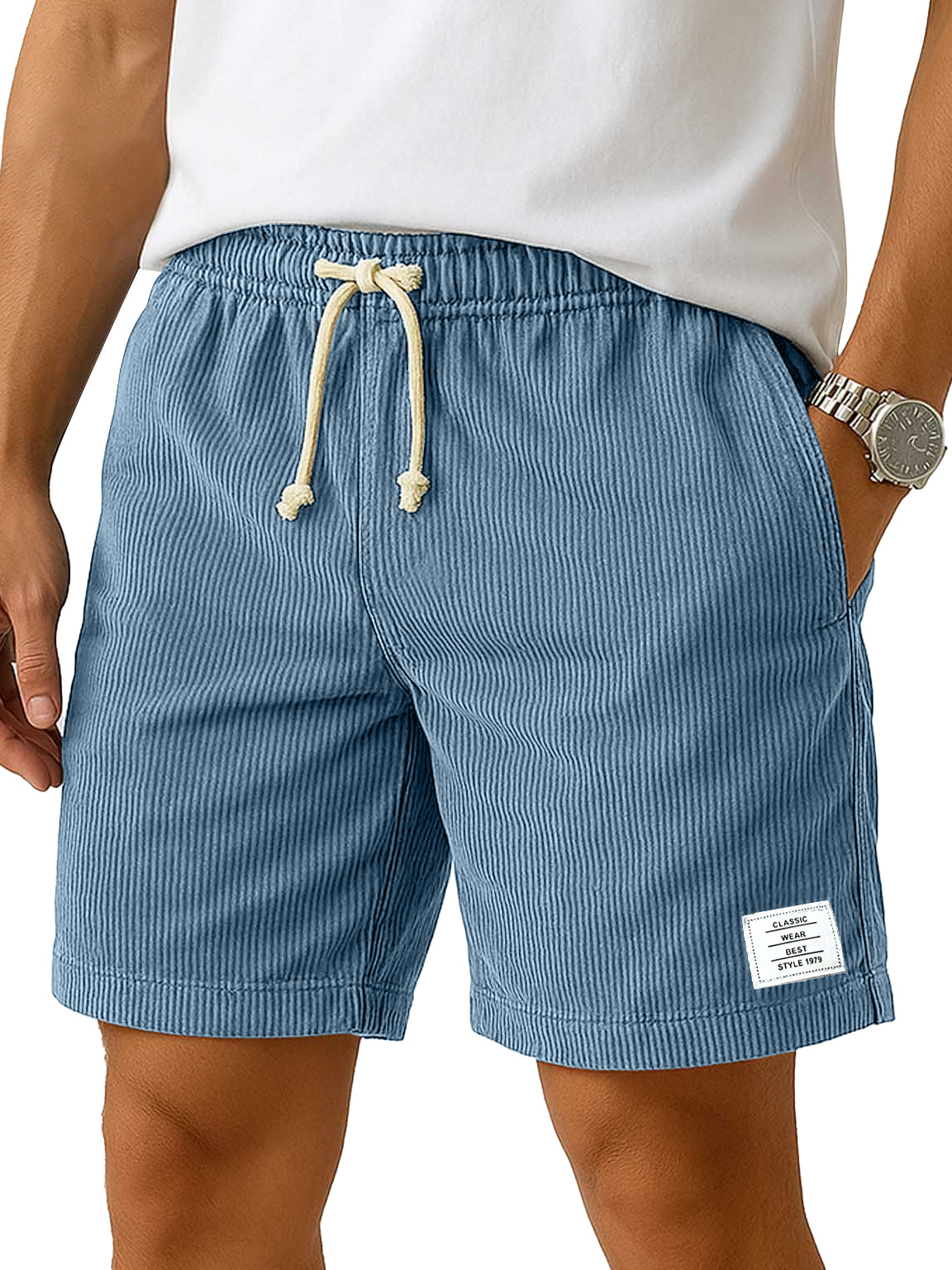 Men's Everyday Corduroy Casual Embroidered Logo Elastic Waist Solid Color Shorts