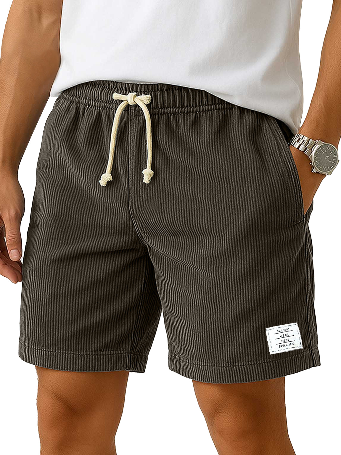 Men's Everyday Corduroy Casual Embroidered Logo Elastic Waist Solid Color Shorts