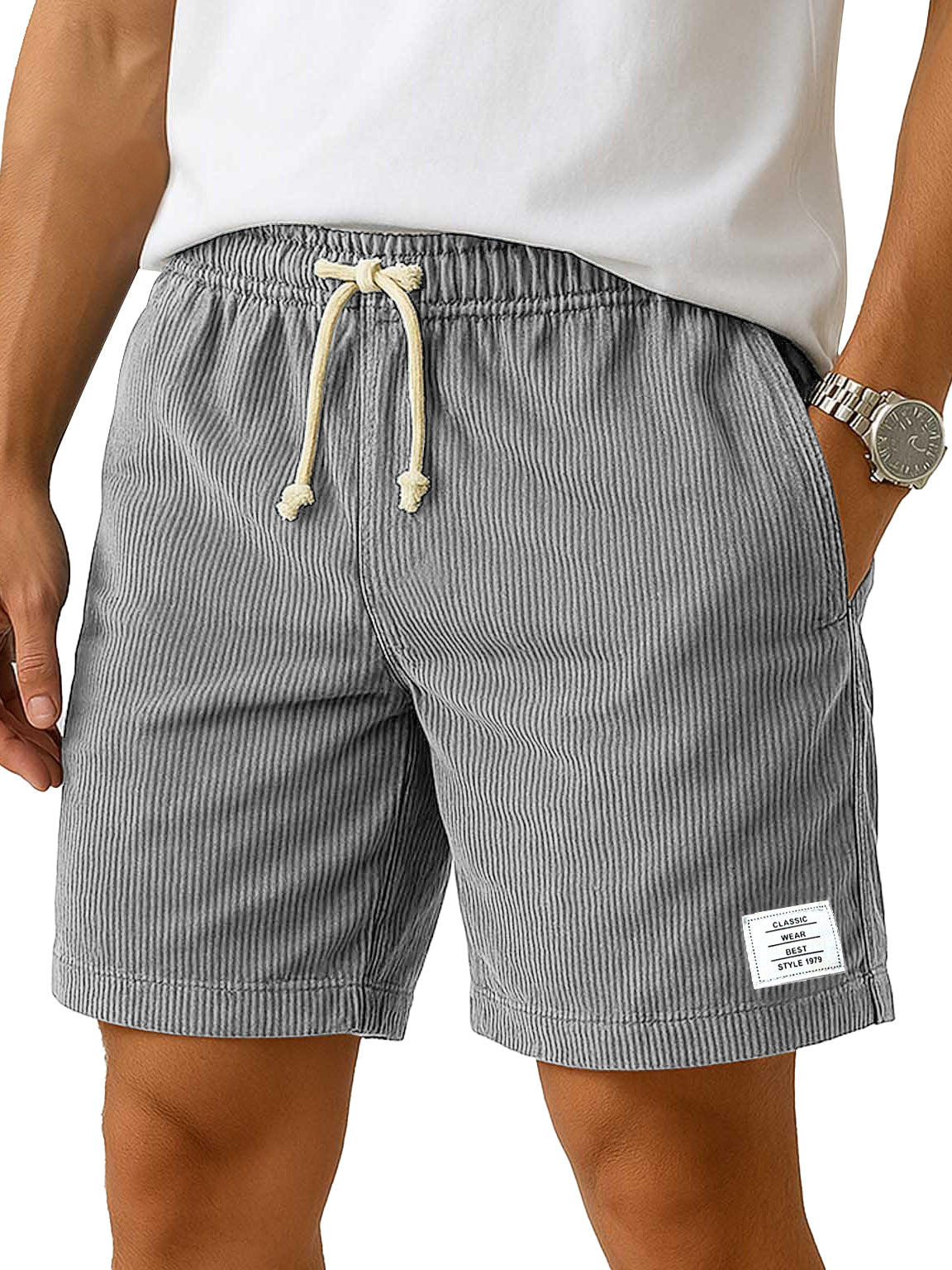 Men's Everyday Corduroy Casual Embroidered Logo Elastic Waist Solid Color Shorts