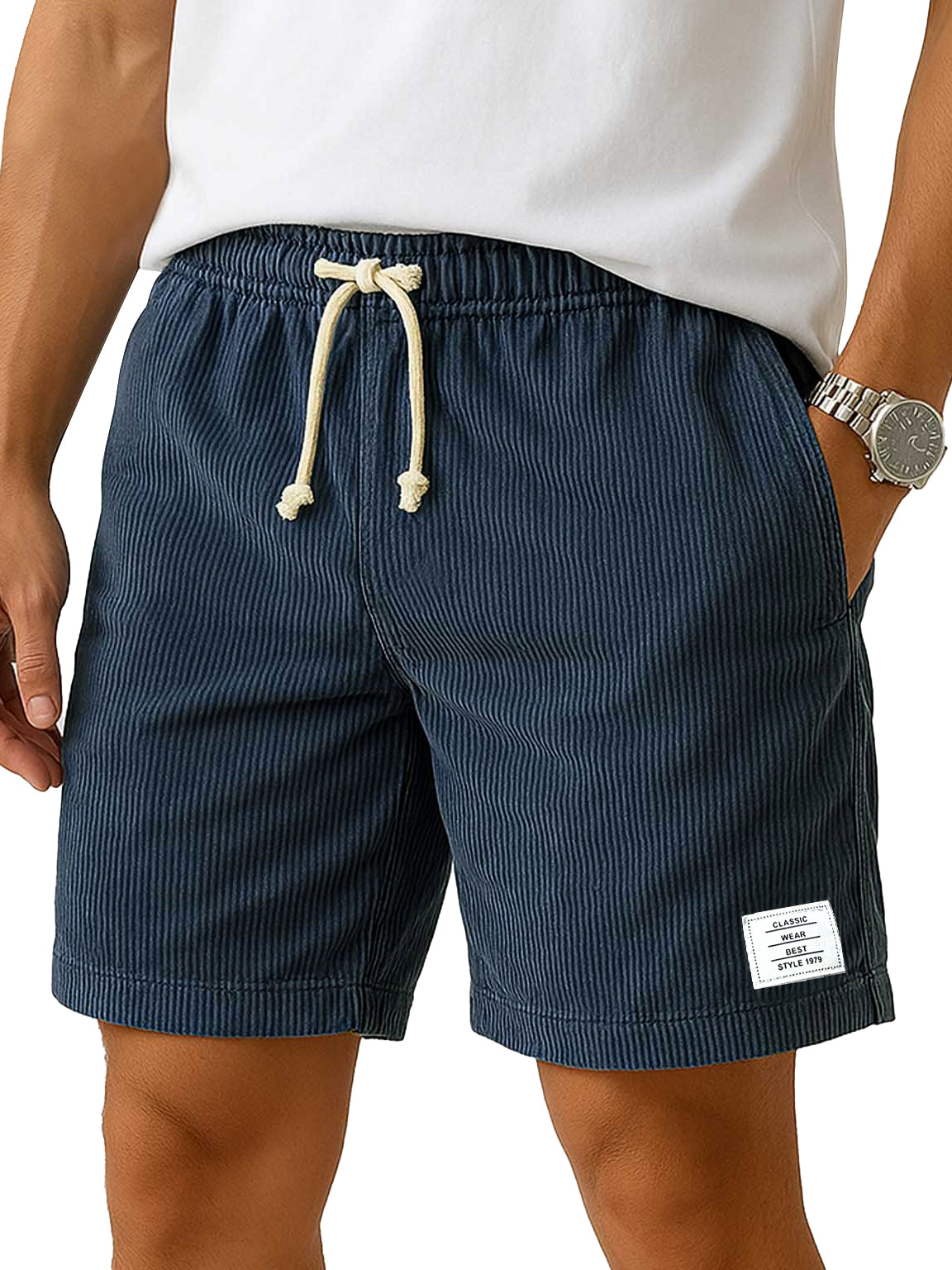 Men's Everyday Corduroy Casual Embroidered Logo Elastic Waist Solid Color Shorts
