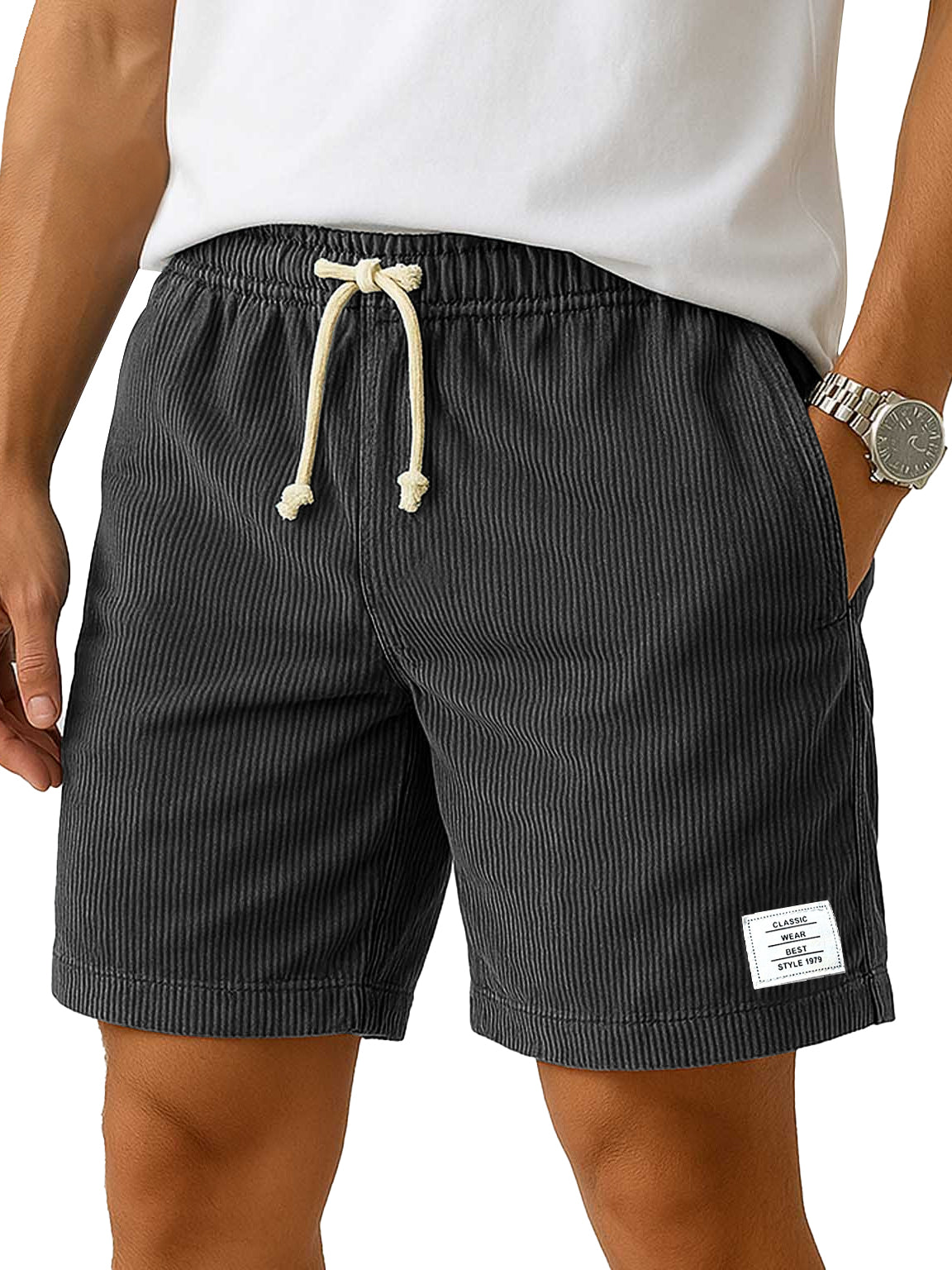 Men's Everyday Corduroy Casual Embroidered Logo Elastic Waist Solid Color Shorts
