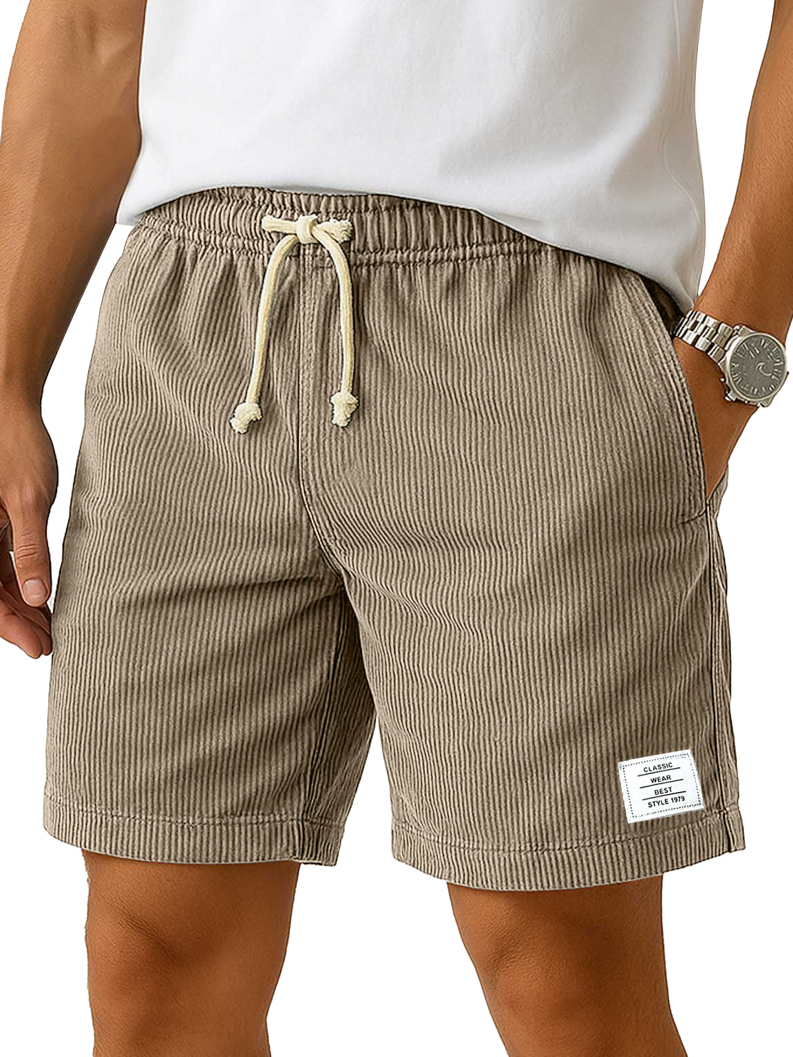 Men's Everyday Corduroy Casual Embroidered Logo Elastic Waist Solid Color Shorts