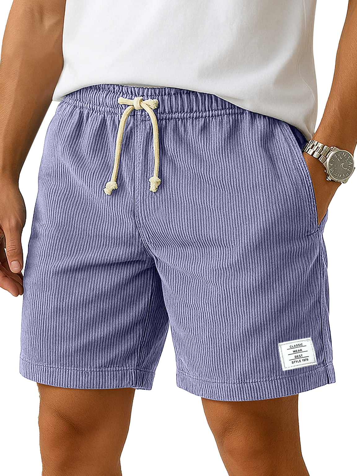 Men's Everyday Corduroy Casual Embroidered Logo Elastic Waist Solid Color Shorts