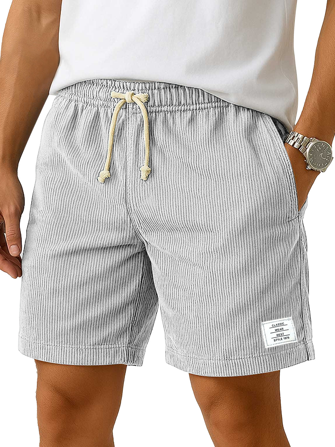 Men's Everyday Corduroy Casual Embroidered Logo Elastic Waist Solid Color Shorts