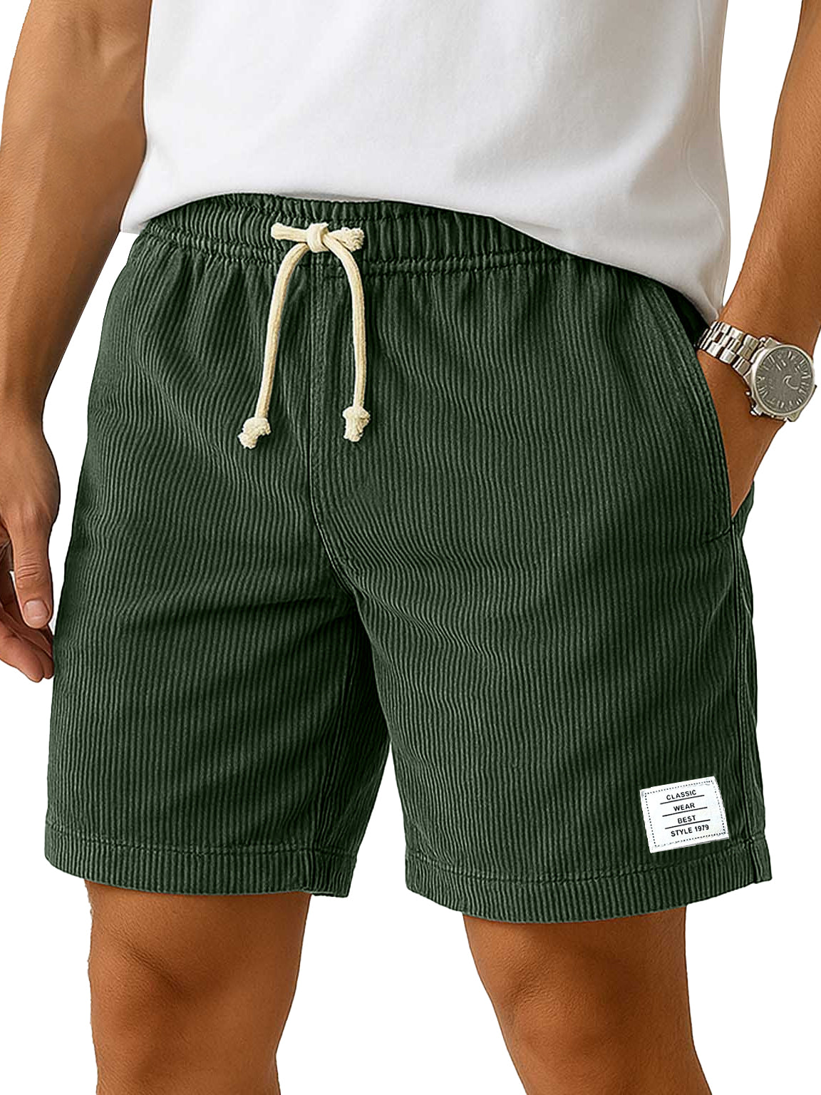 Men's Everyday Corduroy Casual Embroidered Logo Elastic Waist Solid Color Shorts