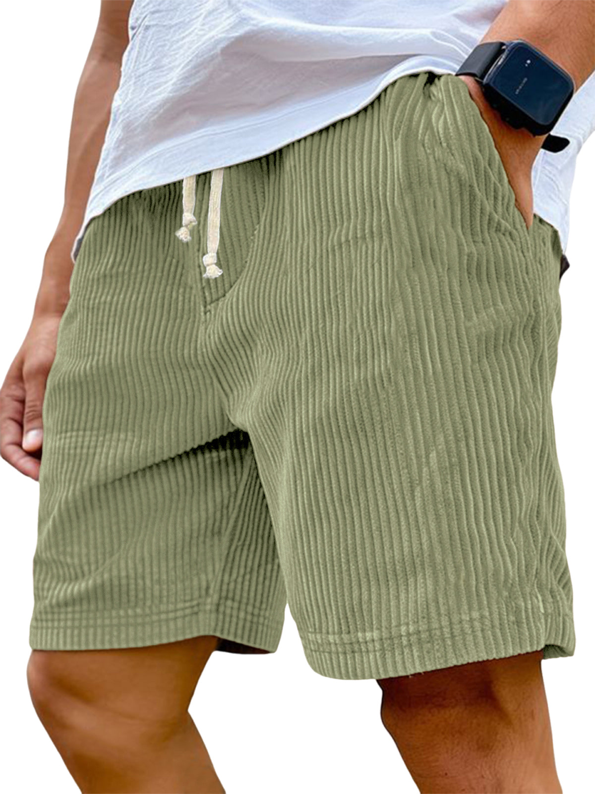 Men's Stylish Ribbed Vertical Striped Corduroy Loose Lace-up Casual Shorts