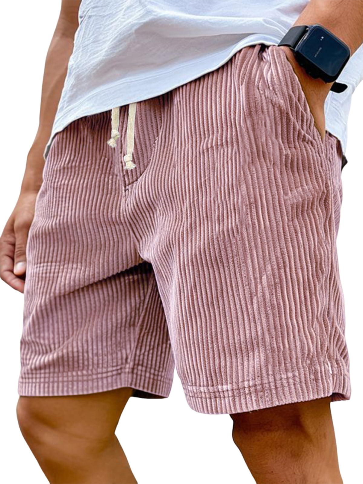 Men's Stylish Ribbed Vertical Striped Corduroy Loose Lace-up Casual Shorts