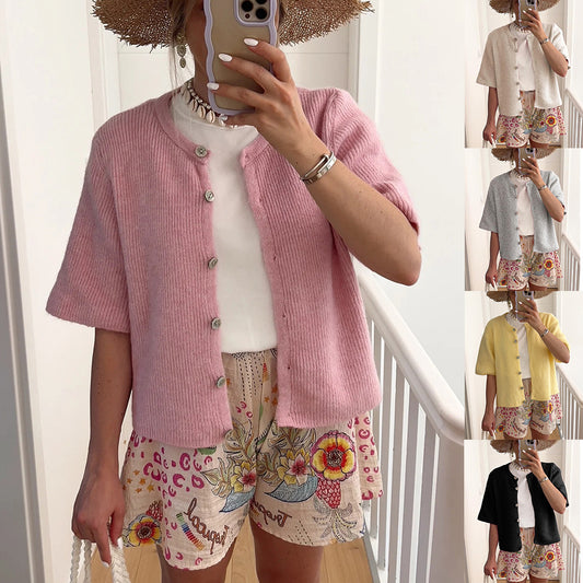 Women's Lightweight Summer Knit Cardigan – Casual Button-Up Short Sleeve Sweater